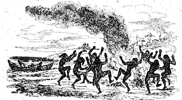 Caníbales bailando en torno al fuego (George Cruikshank, 1831)